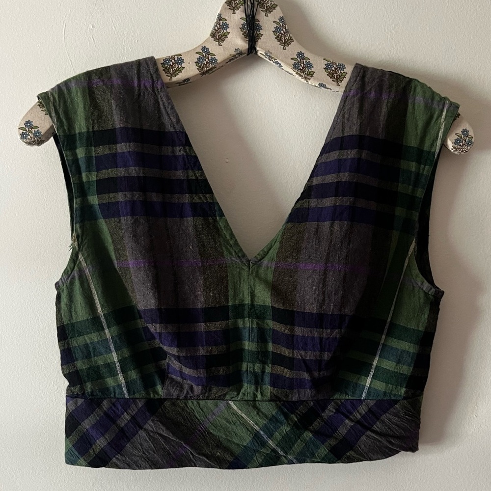 SANDRO Green Purple Linen Plaid Crop Top